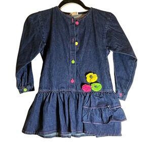 Vintage Popsicle Denim Dress 6X Blue Neon Pink Yellow Applique‎ Ruffle Tiered